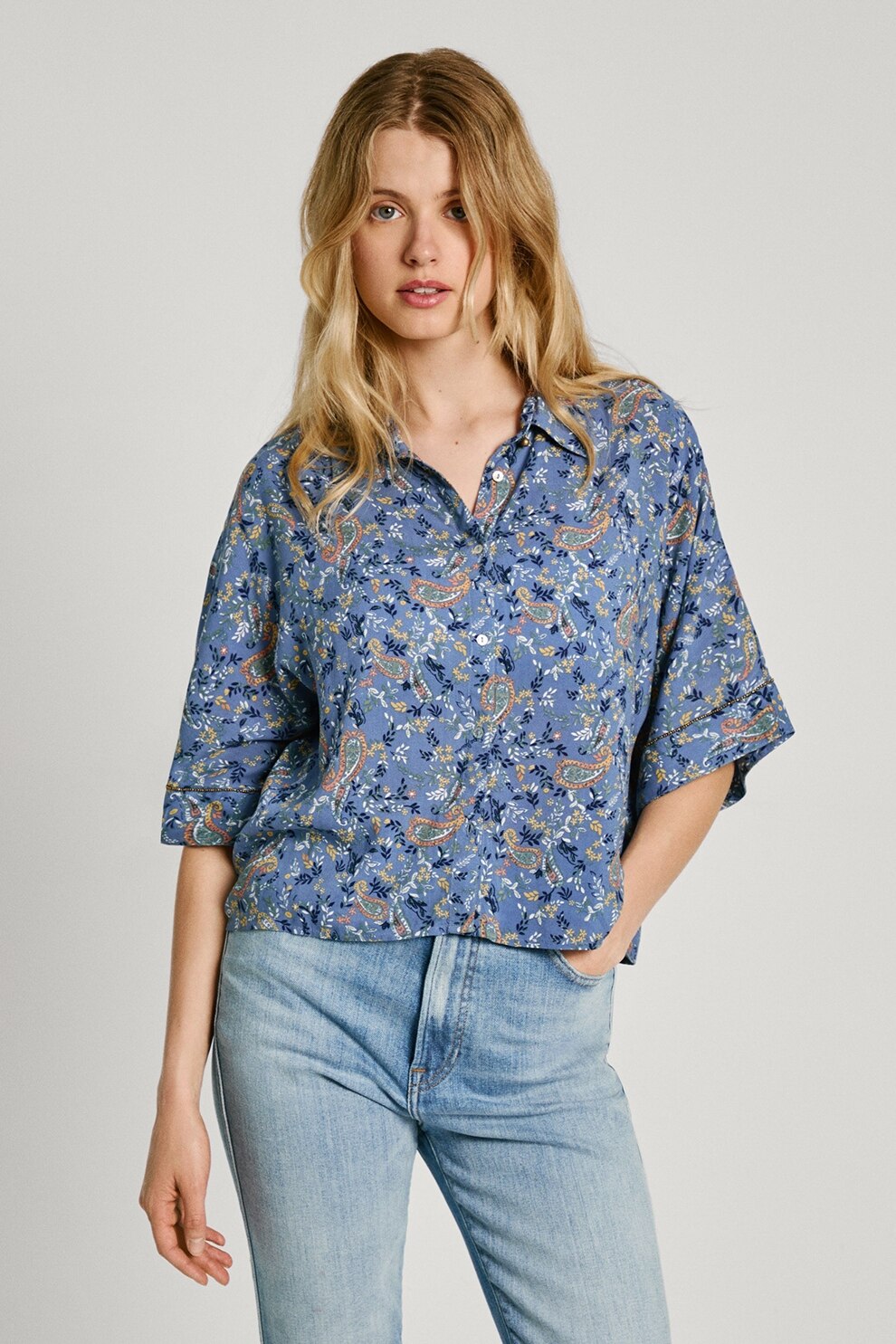 Pepe Jeans London, Camasa relaxed fit din modal cu imprimeu paisley, Alb, Albastru prafuit, Portocaliu pal, S
