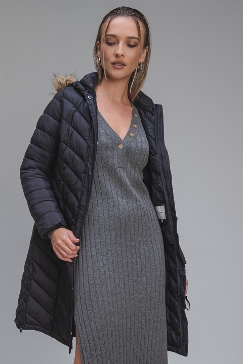 Pepe Jeans London, Geaca lunga cu garnituri din blana sintetica, Negru