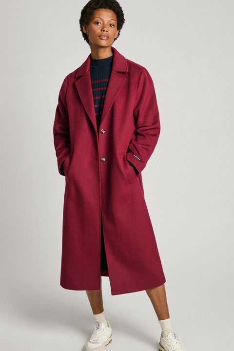 Pepe Jeans London, Palton lung din amestec de lana, Rosu inchis