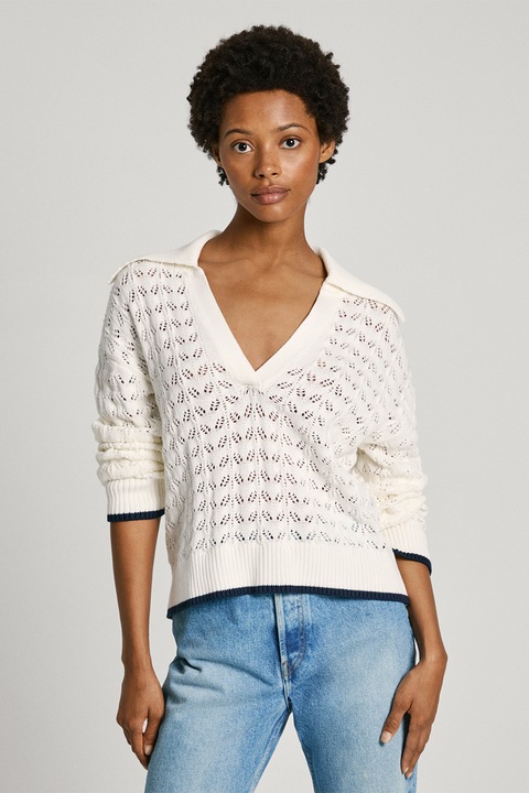 Pepe Jeans London, Pulover polo cu model pointelle, Alb