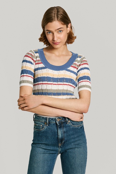 Pepe Jeans London, Pulover din amestec de bumbac cu dungi, Multicolor