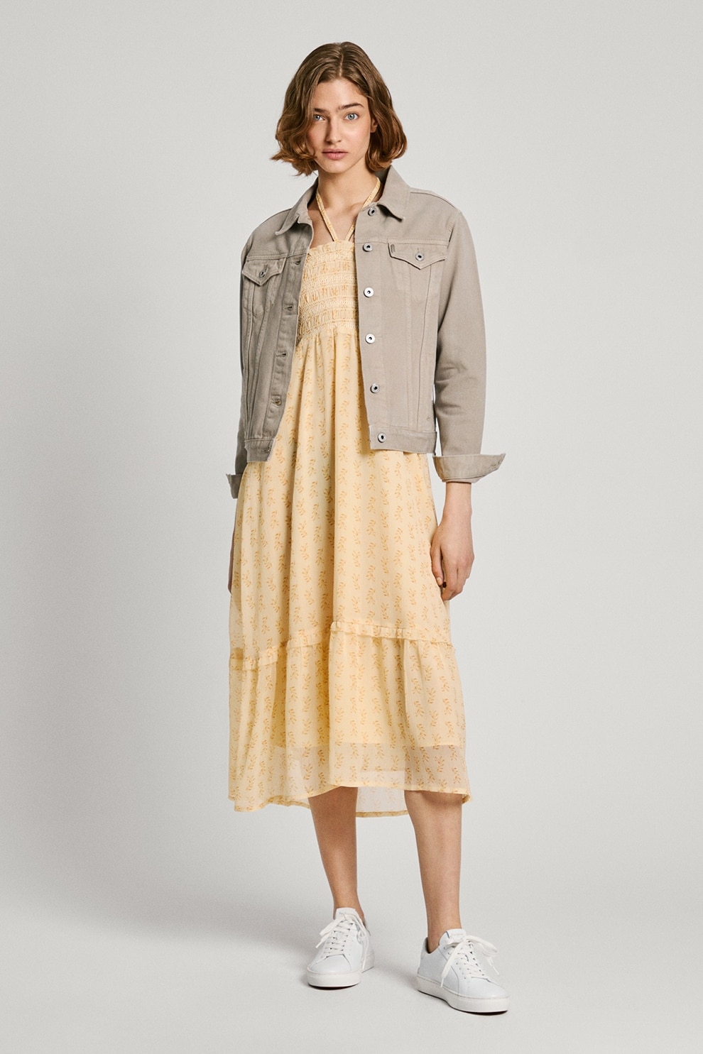 Pepe Jeans London, Rochie midi fara maneci cu model, Bej, S