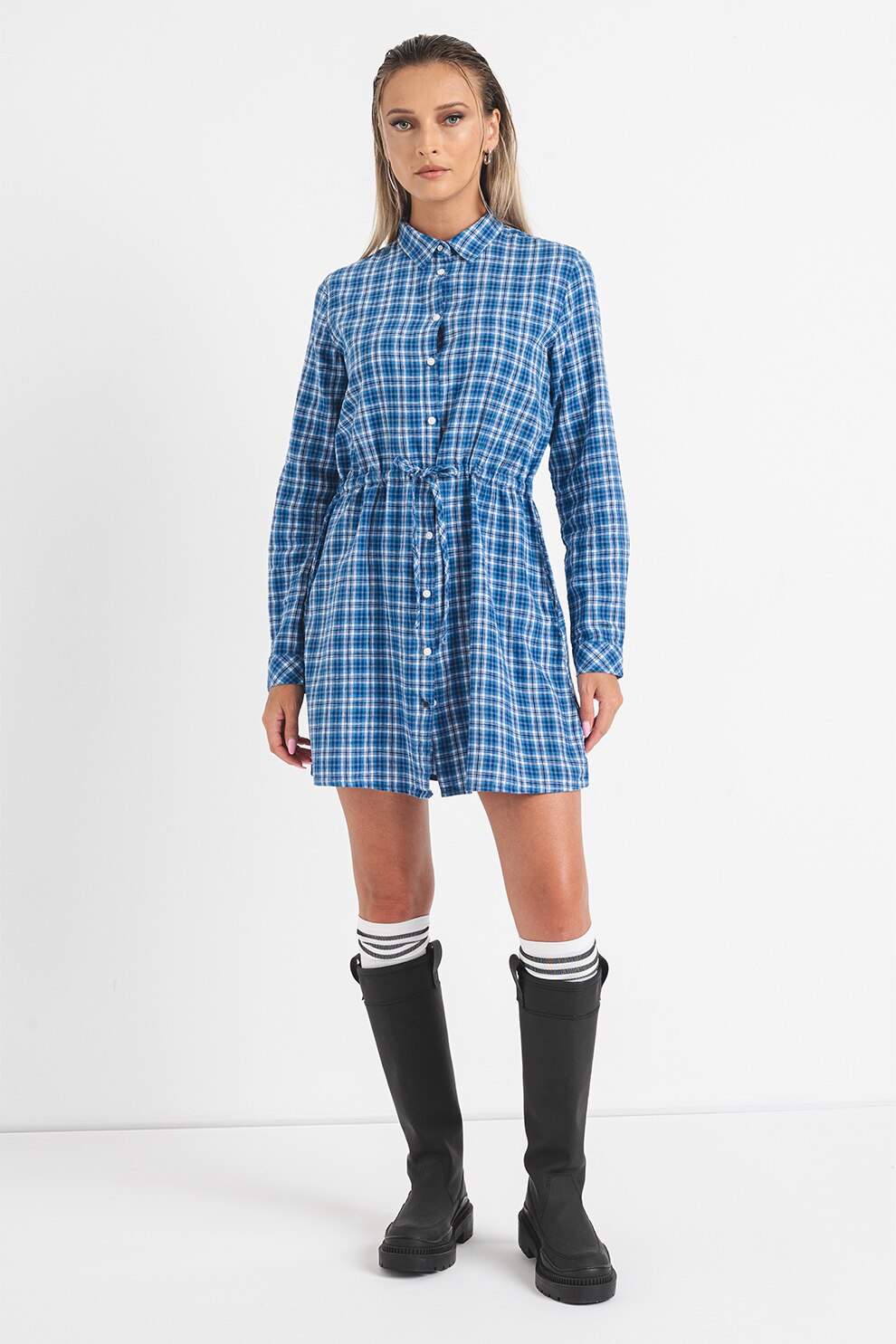 Pepe Jeans London, Rochie de in si bumbac cu model in carouri Nicola, Albastru royal, Alb optic, XS