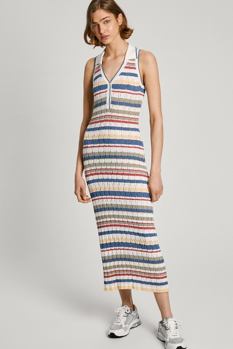 Pepe Jeans London, Rochie fara maneci cu model in dungi si guler, Multicolor