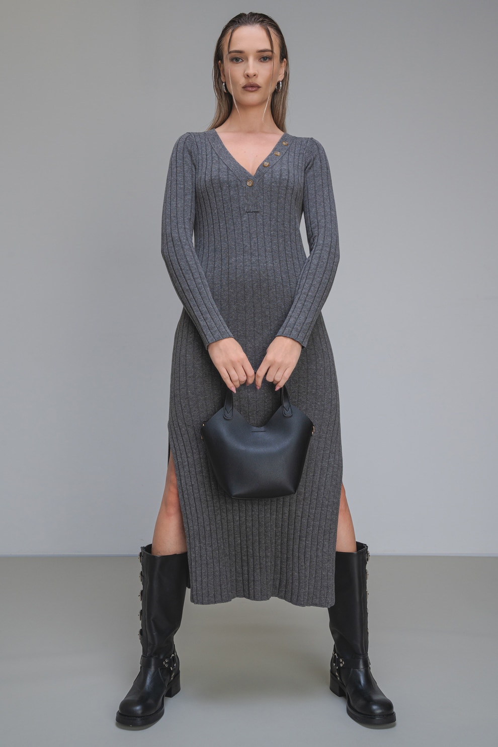 Pepe Jeans London, Rochie din amestec de lana cu slituri laterale