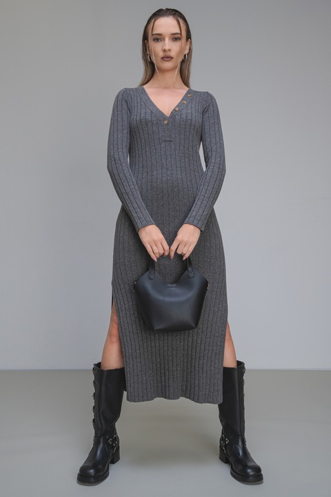 Pepe Jeans London, Rochie din amestec de lana cu slituri laterale Izabel, Gri