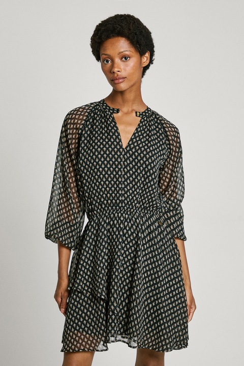 Pepe Jeans London, Rochie mini evazata cu model, Negru/Albastru deschis