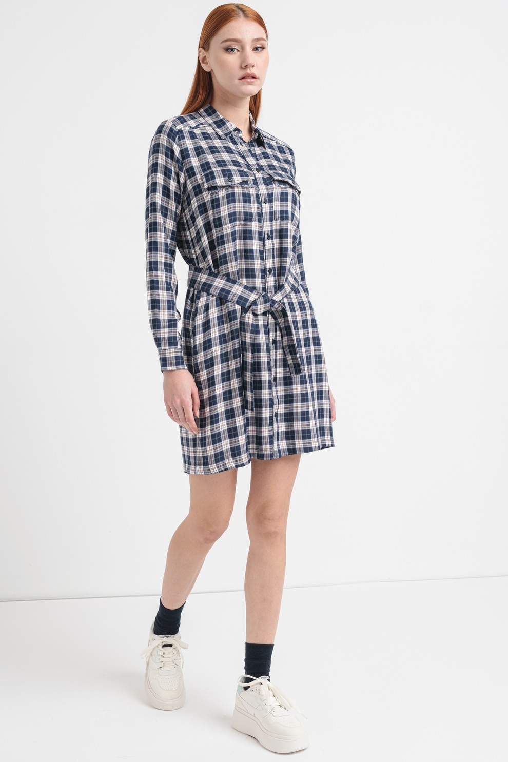 Pepe Jeans London, Rochie-camasa cu model in carouri, Alb, Bleumarin, S