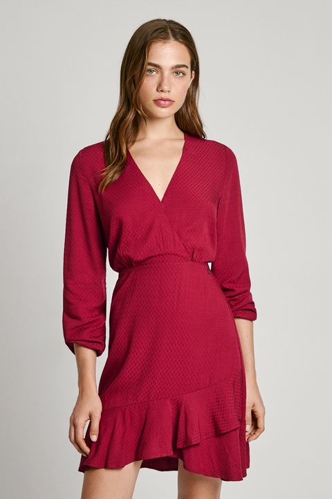 Pepe Jeans London, Rochie mini cu terminatie cu volane si decolteu in V, Rosu inchis, S