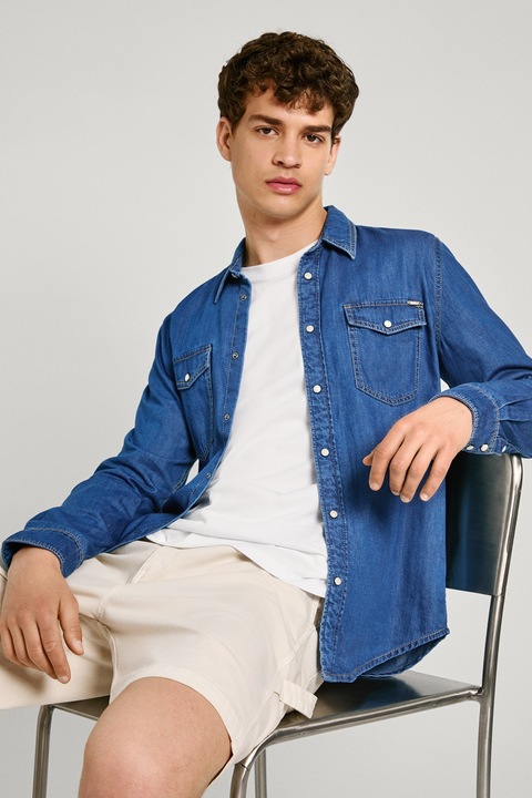 Pepe Jeans London, Camasa din material chambray cu maneci lungi, Albastru inchis
