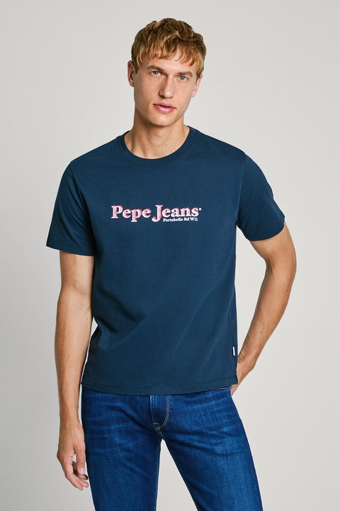 Pepe Jeans London, Tricou de bumbac cu decolteu la baza gatului, Bleumarin, S
