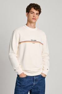 Pepe Jeans London, Bluza de trening din bumbac cu decolteu la baza gatului, Crem, L