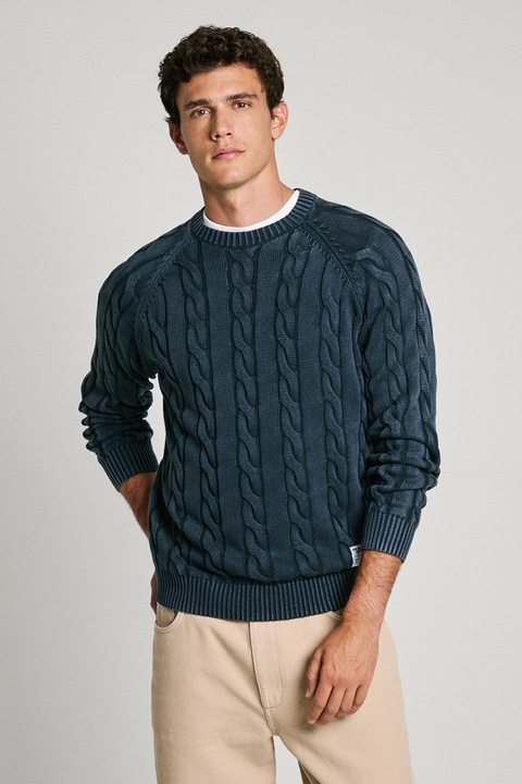 Pepe Jeans London, Csavart kötésmintás pulóver, Tengerészkék