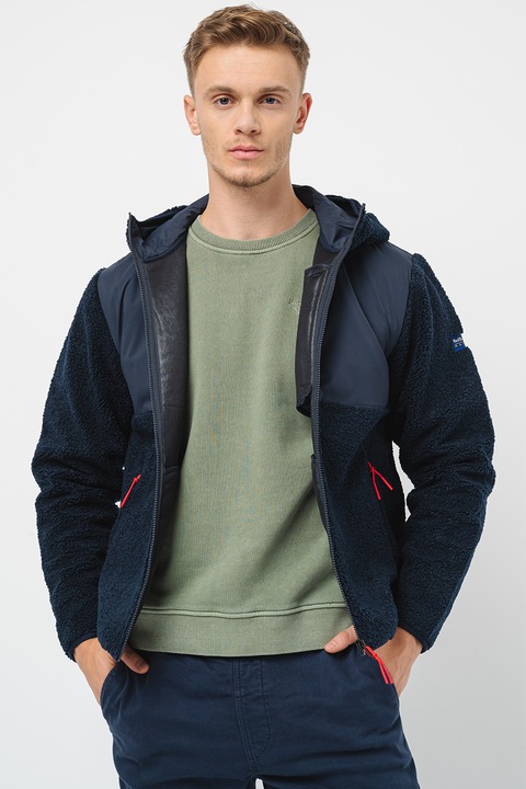 Pepe Jeans London, Jacheta cu gluga si buzunare cu fermoar, Bleumarin