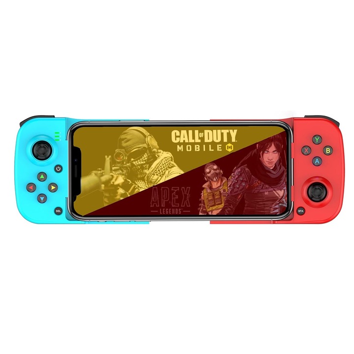 Vezeték nélküli vezérlő, SINBINTA, 400 mAh, 135-173 mm-re nyújtható, Egy kattintásos kombó, Makró felbontás, 3D Joystick, Több játék támogatása, Kompatibilis iOS, Android, Ps4, Switch, PC, Bluetooth 5.0, ABS, 208 x 42 mm, Kék/piros