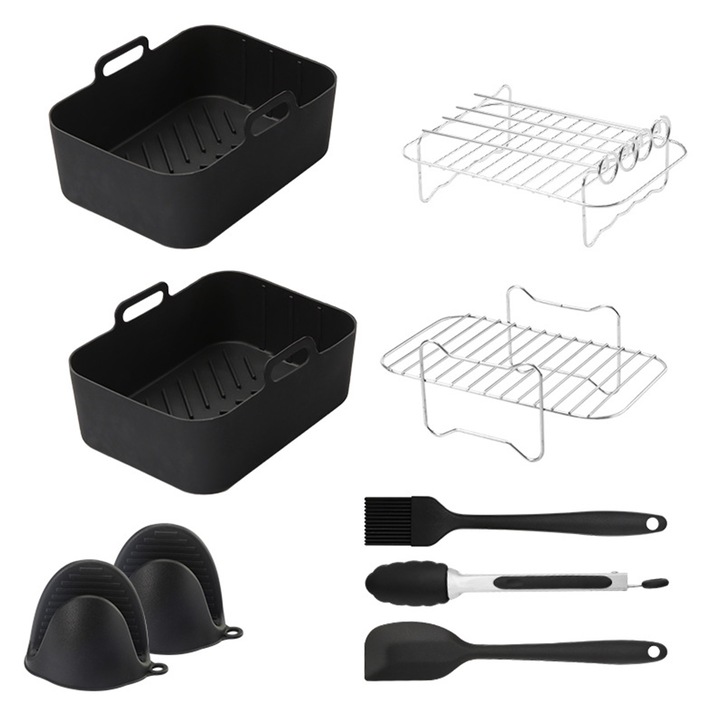 Set 9 piese accesorii pentru Friteuza cu aer cald, SINBINTA, Compatibil cu Ninja Dual AF451UK AF500UK, 7.6L-9.5L, Tava de coacere, Gratar, Cleste, Usor de curatat, Pentru gatit acasa/in aer liber, coacere, camping, Inox, 20 x 15 x 9cm, Negru