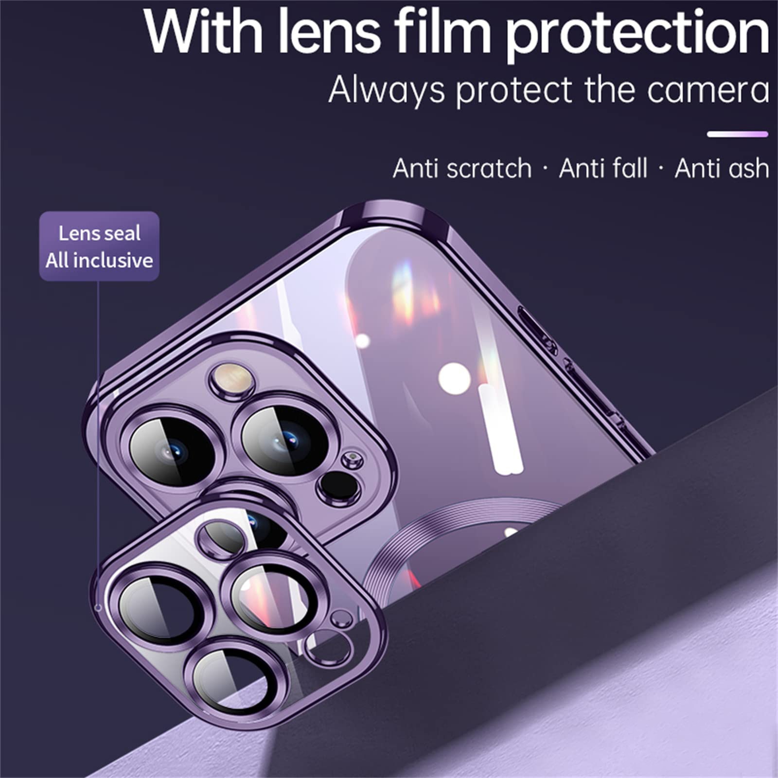 Husa De Protectie Pentru iPhone 15 Pro Max, Cu Protectie Camera, Plasa Anti-Praf, MagSafe Super-Puternic, Anti-Ingalbenire, Ultra-Subtire, Antisoc, Margini Complet Acoperite, Transparenta, Mov