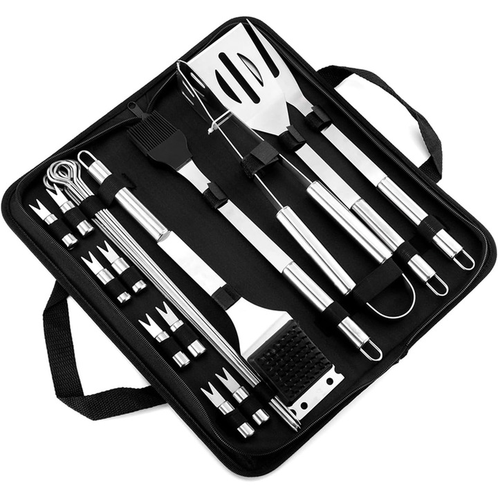 Set 20 Ustensile Pentru Gratar Otel Inoxidabil, Flyme, Cu Geanta De Transport Termometru