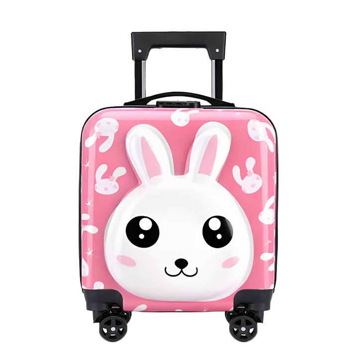 Troler cabina avion, Quasar & Co.®, Model Rabbit, 4 roti duble cu rotatie 360°, maner telescopic, cifru, 44x34x23 cm, ABS, roz/alb