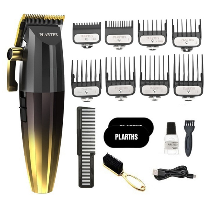 Masina de tuns profesionala cu acumulator, PLARTHS NG-222, motor puternic 7200rpm, afisaj LED, 8 gratare premium 1.5 - 25mm, 2 arici, perie fade, pieptan, negru auriu