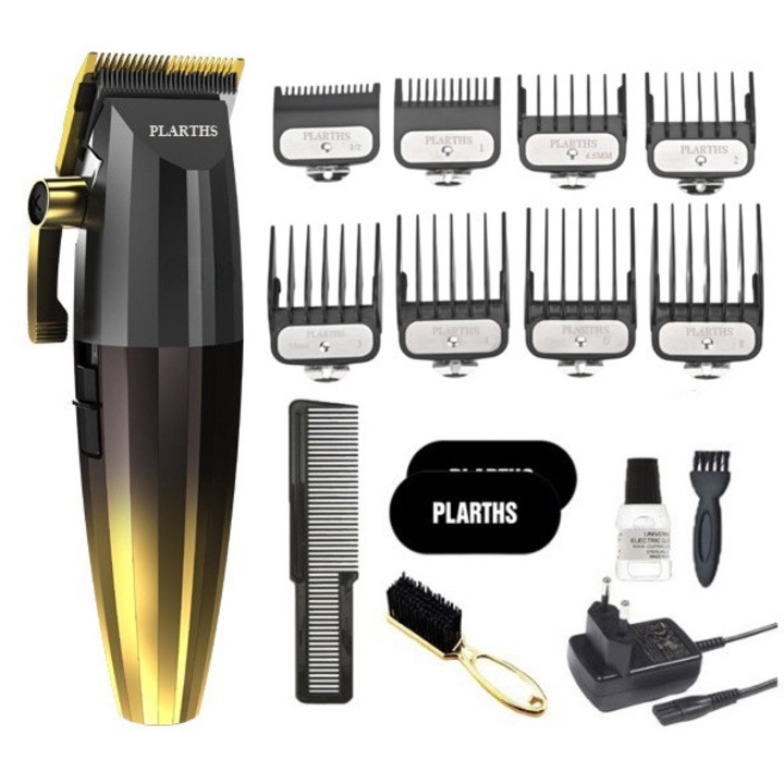 Masina de tuns profesionala cu acumulator, PLARTHS NG-222, motor puternic 7200rpm, afisaj LED, 8 gratare premium 1.5 - 25mm, 2 arici, perie fade, pieptan, negru auriu