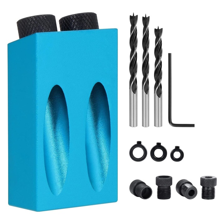 Dispozitiv de ghidare pentru gaurire la unghi, Darklove, Set 14 piese, 15°, Diametru gaurii 6, 8, 10 mm, Mbinari ascunse, Durabile, Usor de instalat, Portabil, Design ergonomic, Aliaj de zinc, 67x38x18mm, Albastru