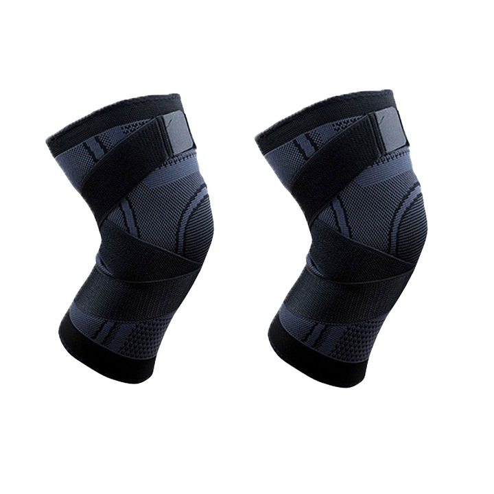 Set 2 genunchiere profesionala compresiva, Hggzeg, Bandaj pentru genunchi cu compresie respirabila, Unisex, Amortizeaza socurile, Elastica, Benzi Ajustabile, Prindere Velcro, Pentru Sport, Protejeaza Articulatia Genunchiului, Negru/Gri