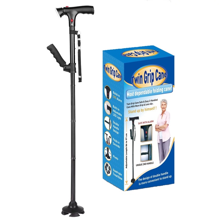 Baston telescopic de sprijin pliabil cu al doilea maner, Hggzeg, Lanterna LED, Alarma si pivoti stabilizatori, 5 pozitii pe inaltime, Inaltime reglabila 85cm – 95 cm, Portabil, Pentru persoane cu dizabilitati si persoane in varsta, Negru