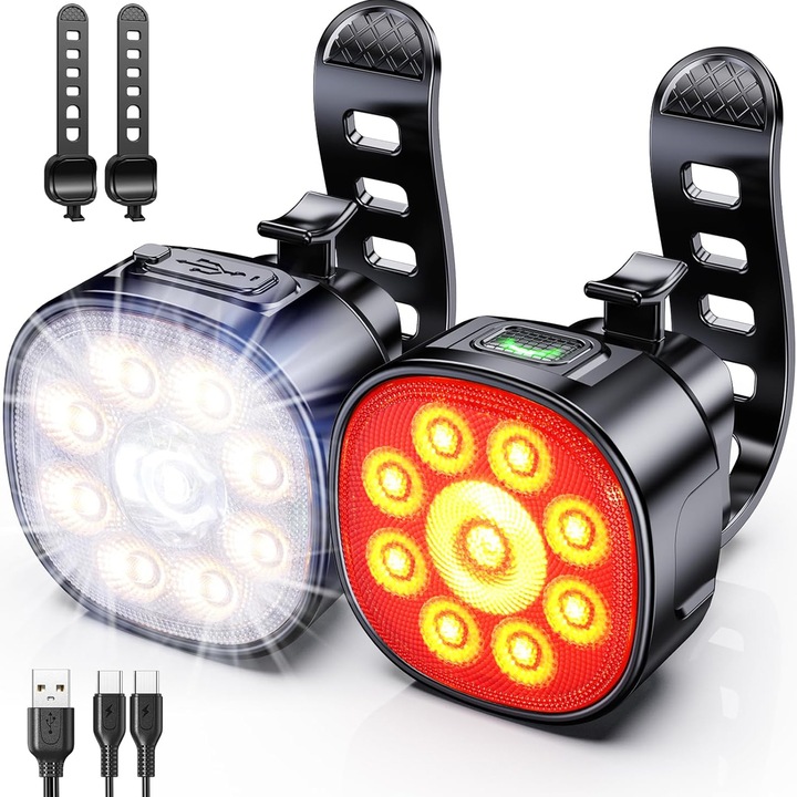 Set Lumini pentru Bicicleta Elindor® Far Fata cu 8 Moduri de Iluminare, Lumina Stop Spate LED cu 7 Moduri de Functionare, Impermeabil IP65, Incarcare USB, 3 Leduri, Vizibil Ziua si Noaptea, Accesorii Bicicleta, Negru