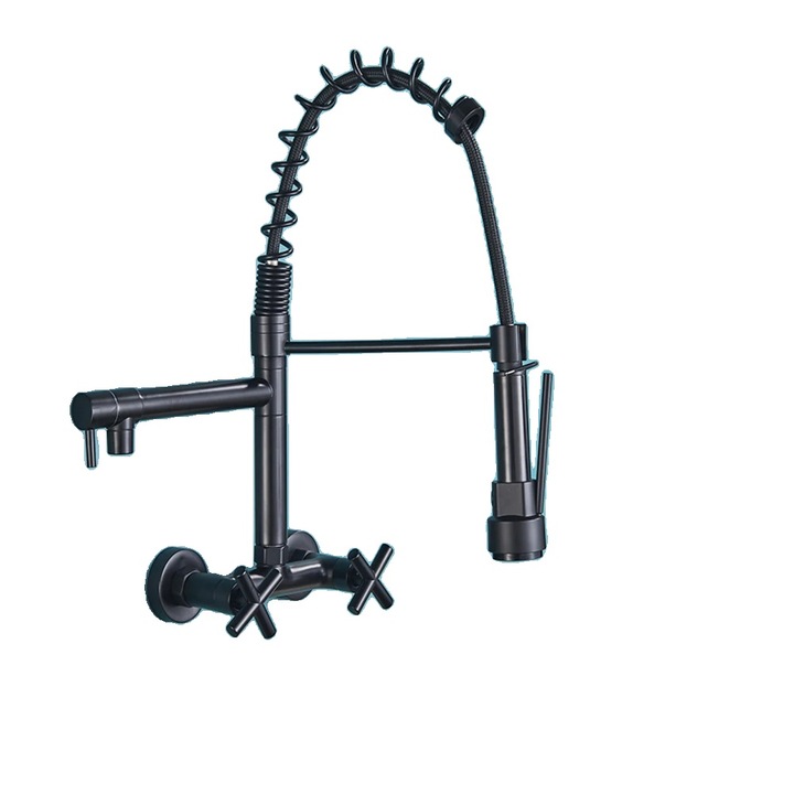 Кухненски кран, 360 ротация, черен мат, 2 отвора, прибираща се пръскачка, 40 см