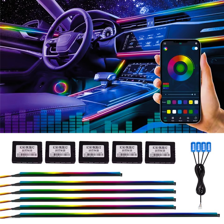 Lumini Ambientale LED interior RGB Acrilice 18 in 1 Dinamice cu efect Symphony pentru Fete usi, Bord, Manere, Podea, Control din aplicatie Bluetooth, Banda neon tip El Wire AutoREY® Premium
