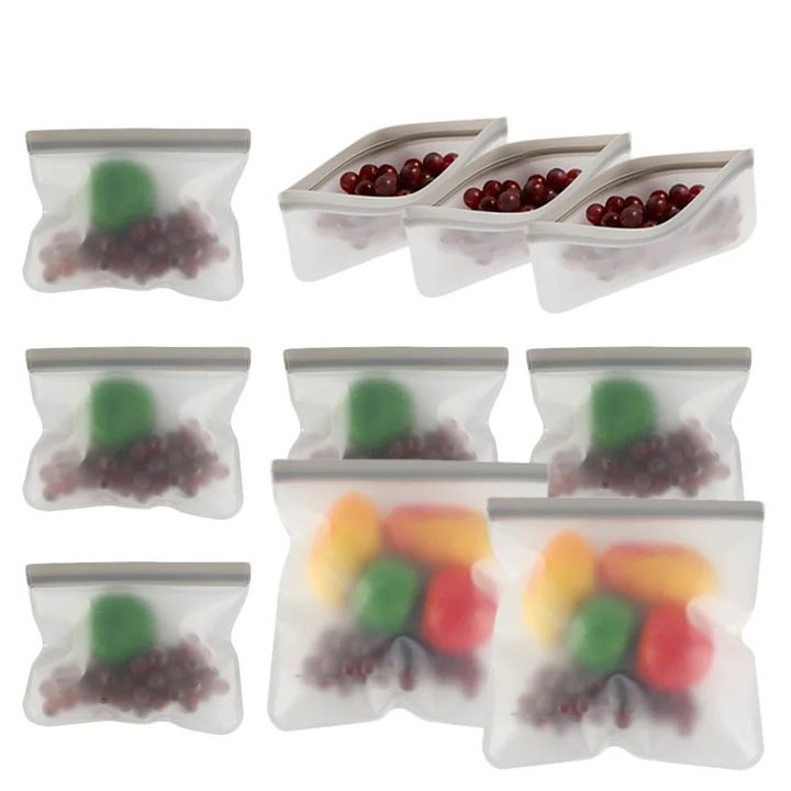 Set 10 Pungi alimentare de silicon RABY, reutilizabile pe termen lung, compatibile frigider si congelator, transport pachet pranz, Multicolor