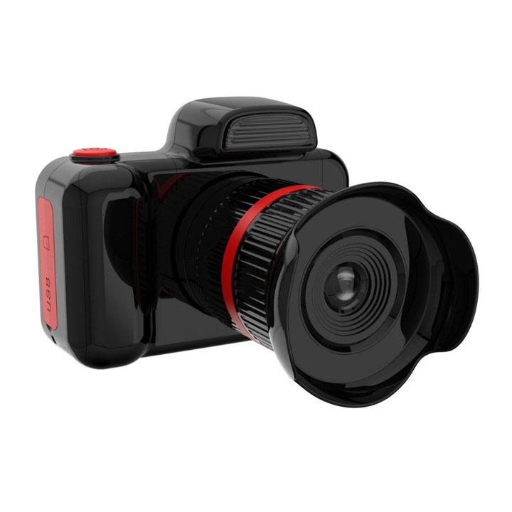 Gyermek digitális fényképezőgép 16GB memóriakártyával, forgatható zoom objektívvel, vakuval, támogatja a többnyelvű beállításokat, HD képminőség, beépített játékok, lejátszható, USB töltés, fekete