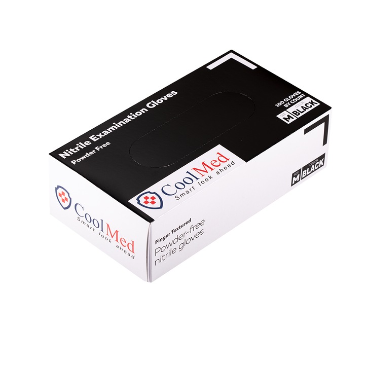 Set 100 Buc Manusi examinare nitril, Cool Med, culoare neagra, fara pudra, texturate pe varful degetelor, M