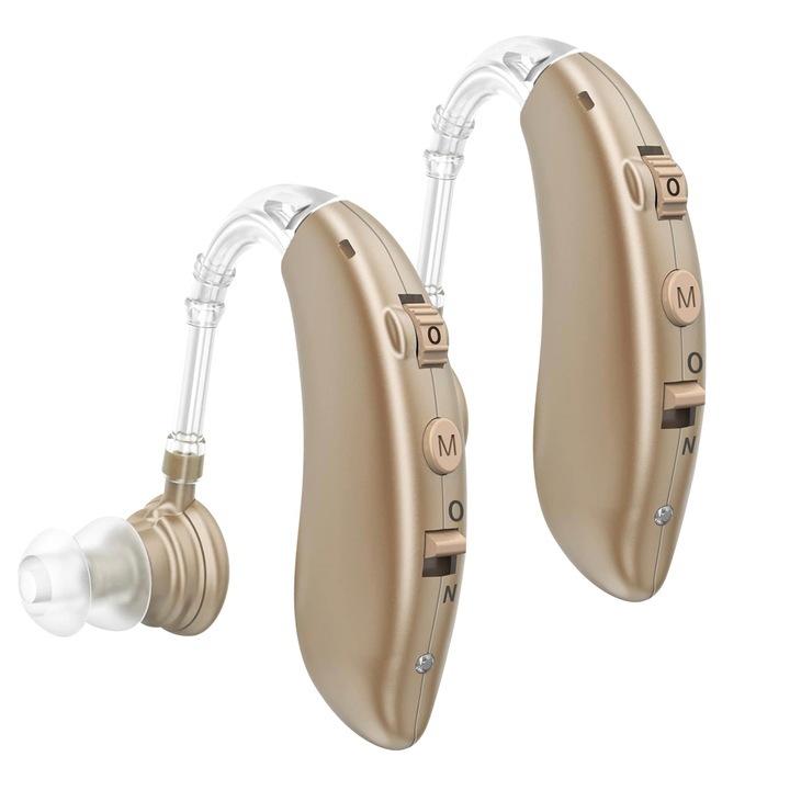 Set 2 x Aparat Auditiv Digital Vixev® FlexiSound Tube, Reincarcabil cu Acumulator, Autonomie pana la 100 ore, Amplificator de Sunet cu Tub de Aer 129 dB, Reduce Zgomotul de Fundal, Hipoacuzie Medie-Severa, 5 Olive Incluse, Pentru Adulti, Nude