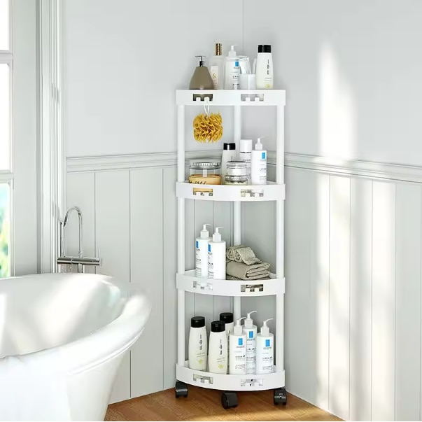 Suport pentru baie cu 4 rafturi si roti, Neirini, Alb, 34 x 24 x 93 cm ...