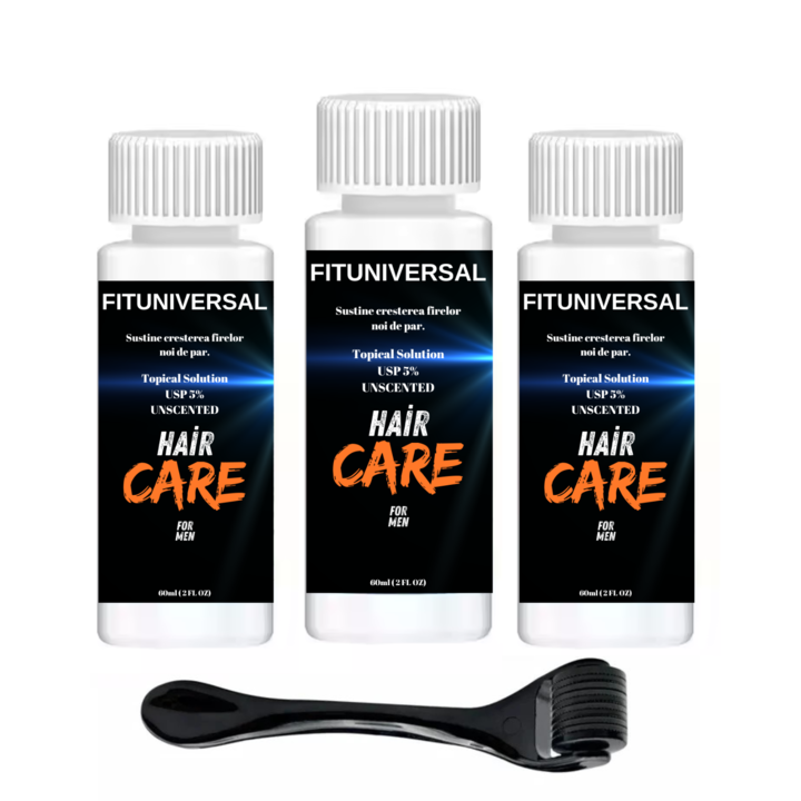 Регенериращ комплект с дермаролер, FITUNIVERSAL®, за стимулиране на растежа на косата и брадата, с включена пипета и ролка, една опаковка от бутилка за 3 месеца, 180 ml