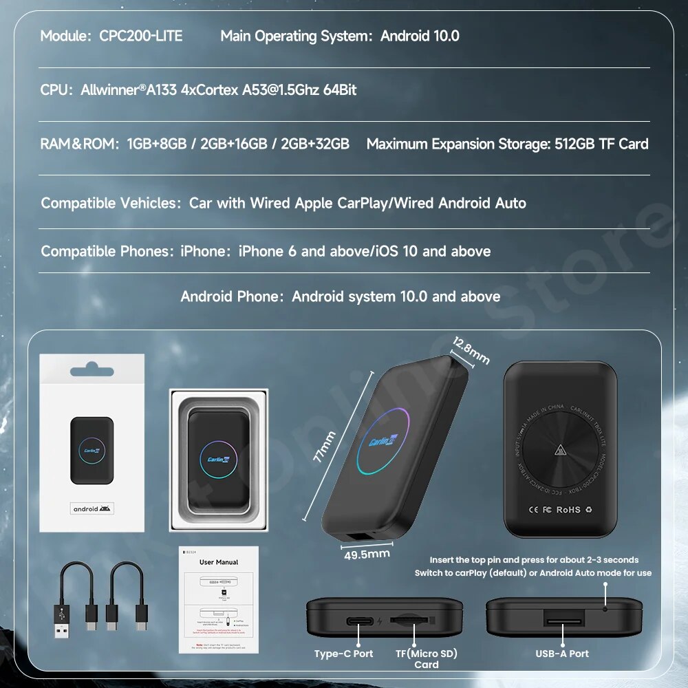Adaptor Wireless CarPlay Android Auto AI Box 2024 CarlinKit Android 10 ...
