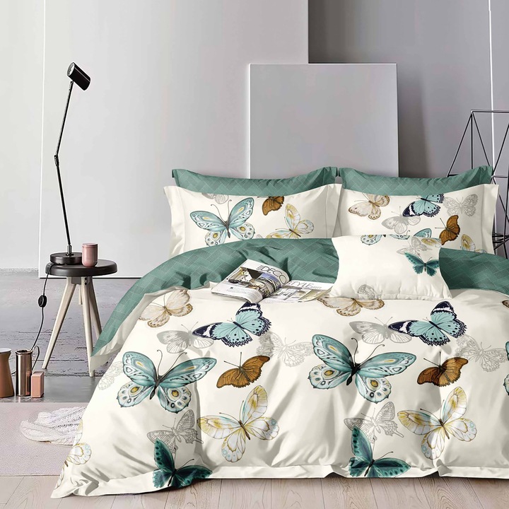 Спално бельо фино двойно памучно 6 части с ластик към чаршафа 180 х 200 см, Пеперуди, Кремаво зелено, Ralex Pucioasa HF6P169