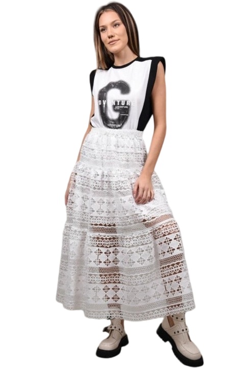 Fusta lunga macrame semplicita, Alb, One Size