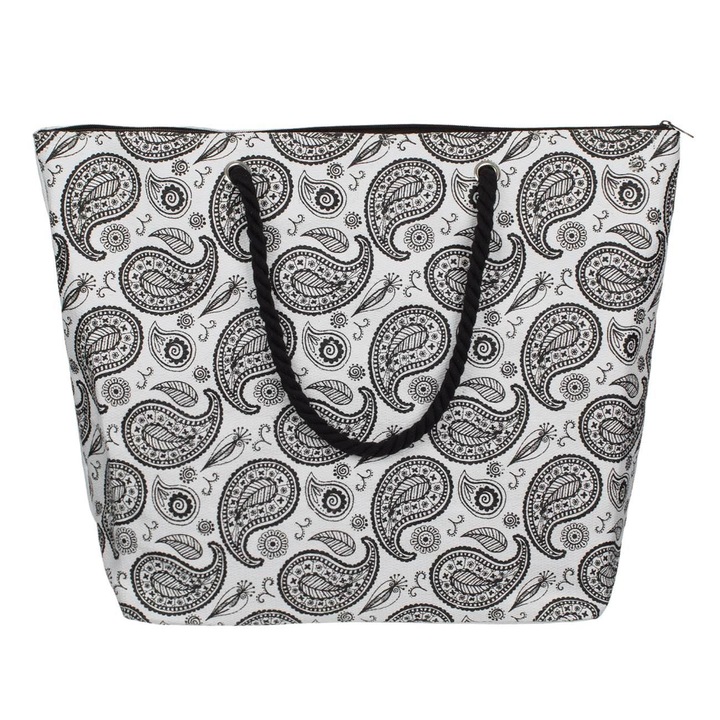 Shopiens® strandtáska, fehér paisley mintával, cipzárral, 23 cm-es fekete kötélfogantyúval és belső zsebbel, 55 x 16 x 42 cm