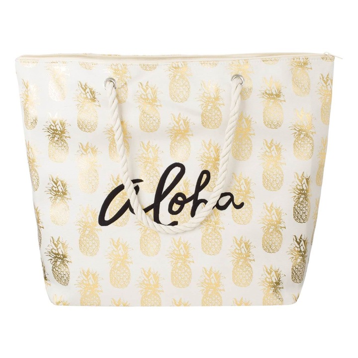 Shopiens® strandtáska, bézs, arany ananász mintával és fekete Aloha mintával, cipzárral, 25 cm-es ekrü kötélfogantyúval és belső zsebbel, 55 x 15 x 42 cm