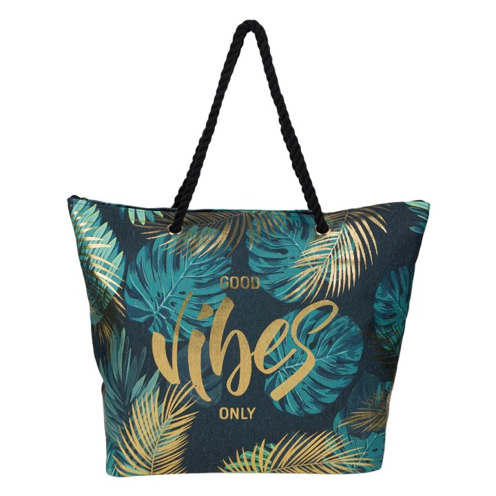 Shopiens® strandtáska, zöld, Good Vibes aranyfólia üzenettel, cipzáras, 25 cm-es kötélfogantyúk és belső zseb, 42 x 15 x 43 cm