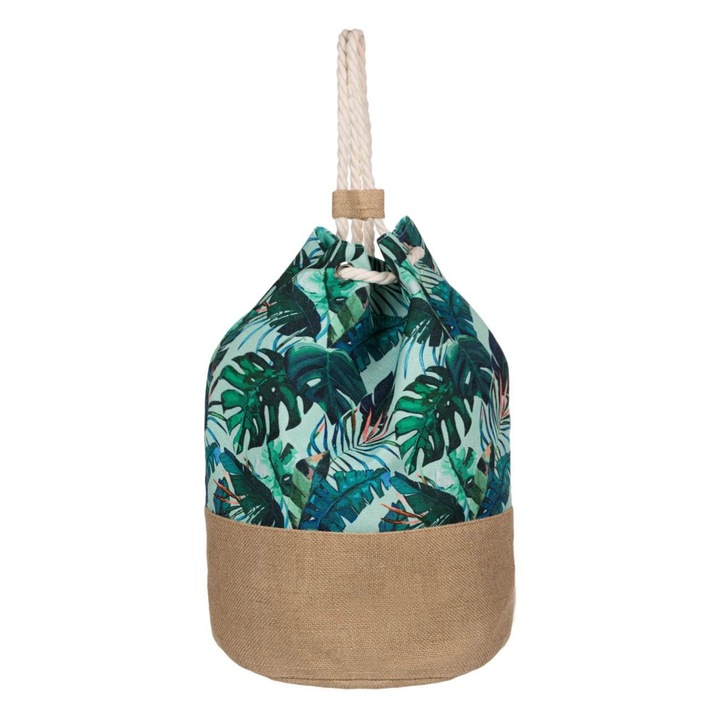 Плажна чанта Shopiens®, бежова юта с шарка на тропически листа, дръжки от въже и вътрешен джоб, 30 x 47 cm