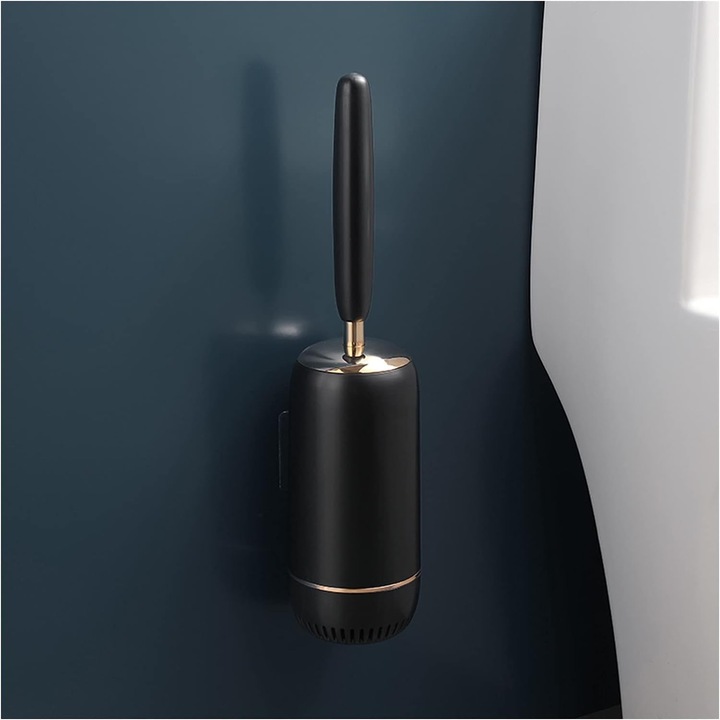 Perie WC din Silicon 360° Premium, cu Capac si Maner, Ergonomic cu Protectie, Fara Picurare, cu Prindere pe Perete Fara Suruburi Culoare, Negru Auriu