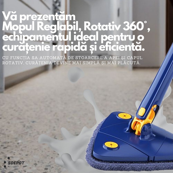 Mop Triunghiular Rotativ 360° SDEPOT®, cu mod de Stoarcere, Laveta Microfibra, Albastru