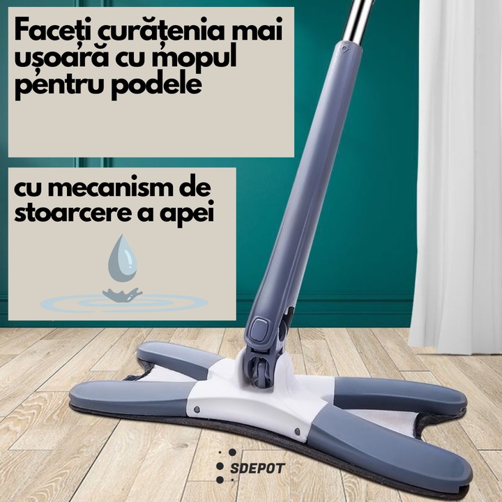 Mop pentru curatarea podelei SDEPOT®, tip dreptunghi, cu mecanism de stoarcere a apei, albastru