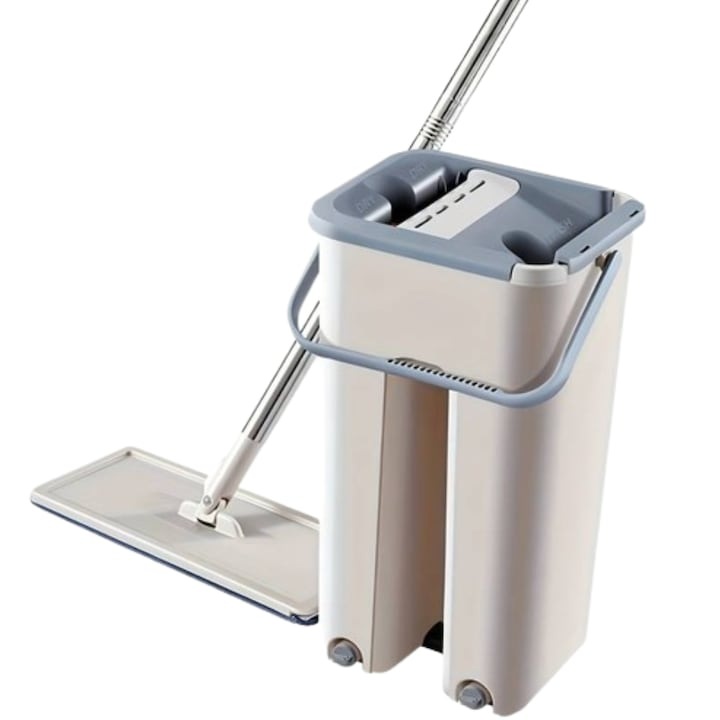 Комплект за почистване TNS®, плосък моп, кофа с две отделения 37x21x18,5, изплакване/изстискване, две микрофибърни вложки, телескопичен моп 130 см, бял/Grirx, RX