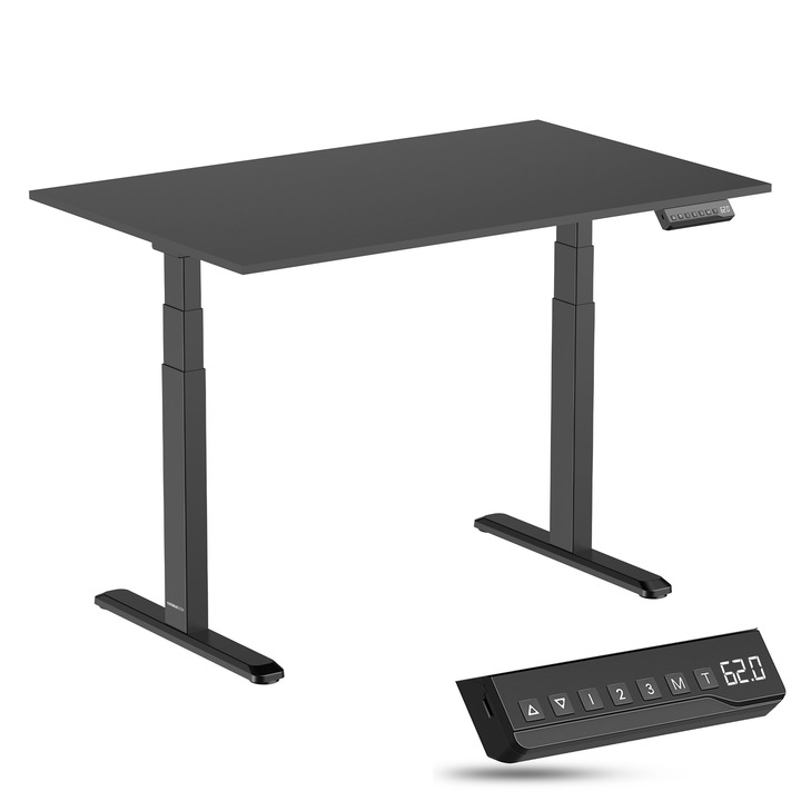 Електрическо регулируемо бюро StableDesk Plus, 2 мотора, вдигане на 100 кг, управление с бутон, ергономично, 3 функции с памет, система против сблъсък, таймер, височина 64,5-130,5 см, матова черна рамка, черен плот - 180 x 75 см, 25 мм