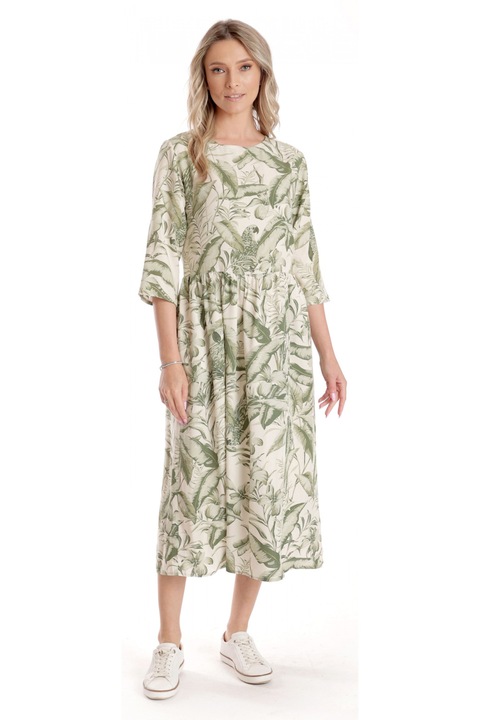 Rochie Lunga Dama V271, crem cu imprimeu floral verde
